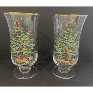 Spode Christmas Tree 9.5 " Tall Glass Pillar Candle Holder in Box Set of 2